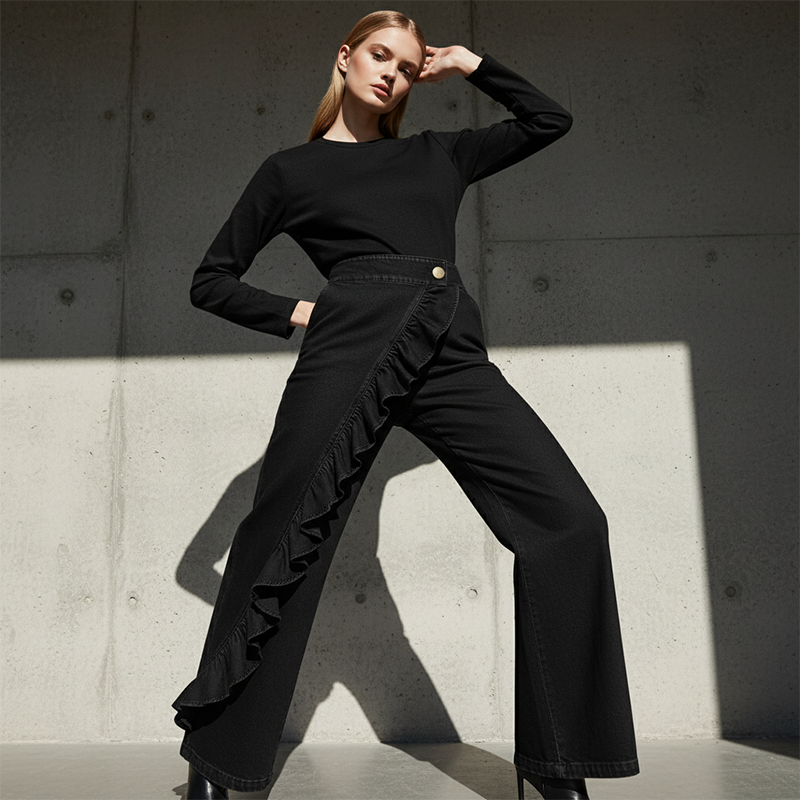 👖 50% RABATT! 🔥 Weite Jeanshose mit asymmetrischen Volants – Premium-Denim – luxuriöser Look, bequemer Stretch & perfekt für einen stilvollen Auftritt