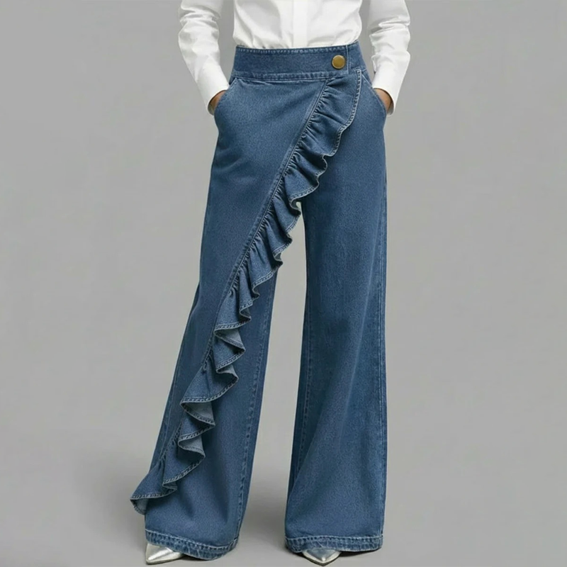 👖 50% RABATT! 🔥 Weite Jeanshose mit asymmetrischen Volants – Premium-Denim – luxuriöser Look, bequemer Stretch & perfekt für einen stilvollen Auftritt