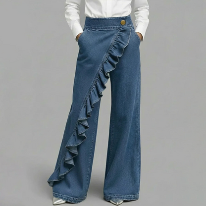 👖 50% RABATT! 🔥 Weite Jeanshose mit asymmetrischen Volants – Premium-Denim – luxuriöser Look, bequemer Stretch & perfekt für einen stilvollen Auftritt