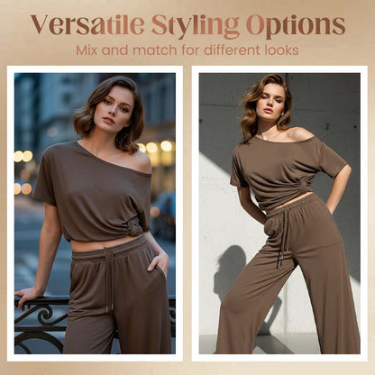 👚 50% RABATT! 🌸 "Soft-Touch" Lounge-Set – Asymmetrisches Off-Shoulder Top & Weite Hose, Bequem & Perfekt Für Entspannte Tage Zuhause 💃