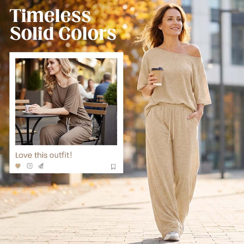👚 50% RABATT! 🌸 "Soft-Touch" Lounge-Set – Asymmetrisches Off-Shoulder Top & Weite Hose, Bequem & Perfekt Für Entspannte Tage Zuhause 💃