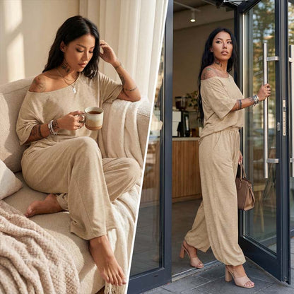 👚 50% RABATT! 🌸 "Soft-Touch" Lounge-Set – Asymmetrisches Off-Shoulder Top & Weite Hose, Bequem & Perfekt Für Entspannte Tage Zuhause 💃