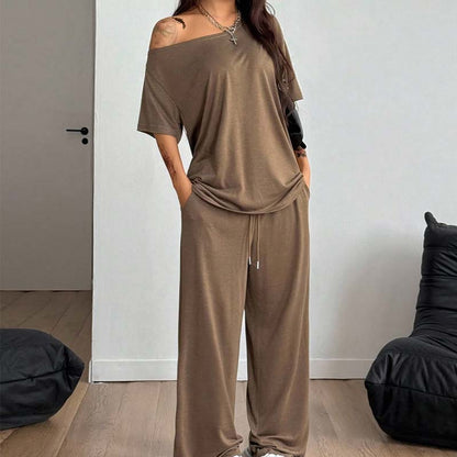 👚 50% RABATT! 🌸 "Soft-Touch" Lounge-Set – Asymmetrisches Off-Shoulder Top & Weite Hose, Bequem & Perfekt Für Entspannte Tage Zuhause 💃