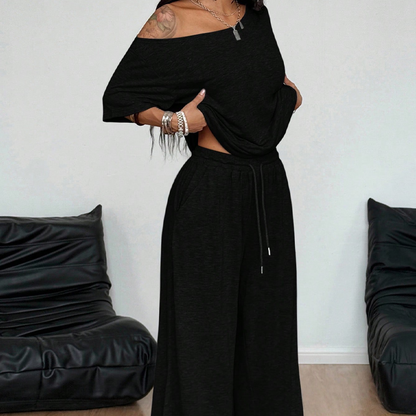 👚 50% RABATT! 🌸 "Soft-Touch" Lounge-Set – Asymmetrisches Off-Shoulder Top & Weite Hose, Bequem & Perfekt Für Entspannte Tage Zuhause 💃