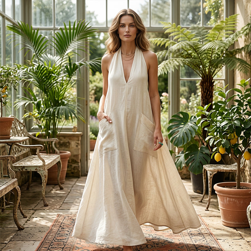 👗 BEFRISTETES ANGEBOT: 50% RABATT! 💃 Damen lässiges Halter-V-Ausschnitt-Midi-Kleid – Fließend, aufgesetzte Taschen, atmungsaktiv 🍂