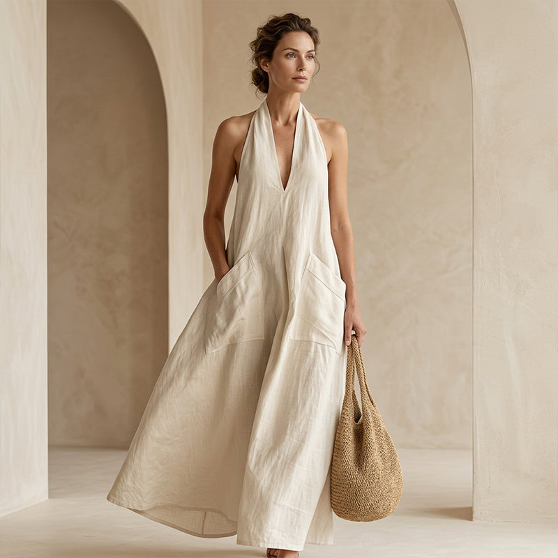 👗 BEFRISTETES ANGEBOT: 50% RABATT! 💃 Damen lässiges Halter-V-Ausschnitt-Midi-Kleid – Fließend, aufgesetzte Taschen, atmungsaktiv 🍂
