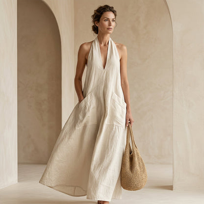 👗 BEFRISTETES ANGEBOT: 50% RABATT! 💃 Damen lässiges Halter-V-Ausschnitt-Midi-Kleid – Fließend, aufgesetzte Taschen, atmungsaktiv 🍂