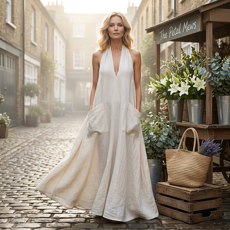 👗 BEFRISTETES ANGEBOT: 50% RABATT! 💃 Damen lässiges Halter-V-Ausschnitt-Midi-Kleid – Fließend, aufgesetzte Taschen, atmungsaktiv 🍂