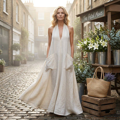 👗 BEFRISTETES ANGEBOT: 50% RABATT! 💃 Damen lässiges Halter-V-Ausschnitt-Midi-Kleid – Fließend, aufgesetzte Taschen, atmungsaktiv 🍂