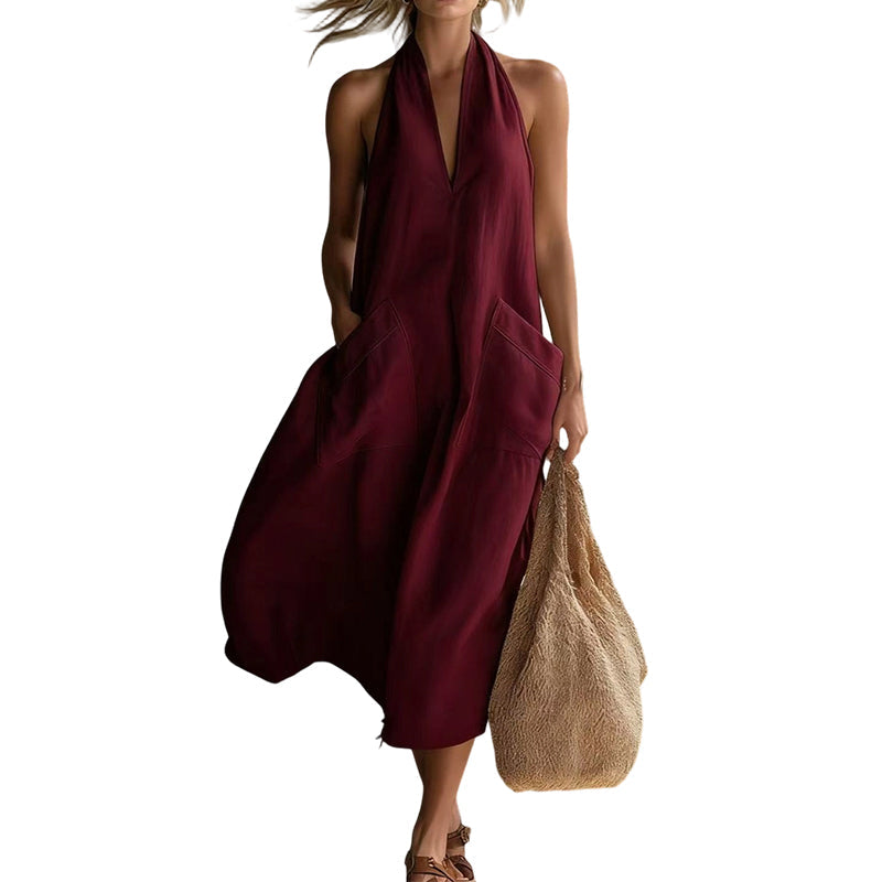 👗 BEFRISTETES ANGEBOT: 50% RABATT! 💃 Damen lässiges Halter-V-Ausschnitt-Midi-Kleid – Fließend, aufgesetzte Taschen, atmungsaktiv 🍂