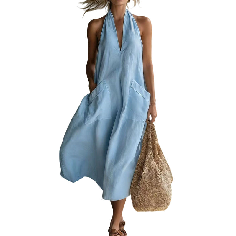 👗 BEFRISTETES ANGEBOT: 50% RABATT! 💃 Damen lässiges Halter-V-Ausschnitt-Midi-Kleid – Fließend, aufgesetzte Taschen, atmungsaktiv 🍂