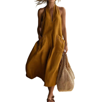 👗 BEFRISTETES ANGEBOT: 50% RABATT! 💃 Damen lässiges Halter-V-Ausschnitt-Midi-Kleid – Fließend, aufgesetzte Taschen, atmungsaktiv 🍂