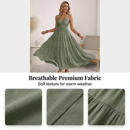 👗 50% RABATT! 🌴 Maxikleid für Damen mit Neckholder & Rückenfreiem Ausschnitt – Gestuft, Fließend & Im Resort-Stil Für Einen Eleganter Auftritt Im Urlaub 🌺