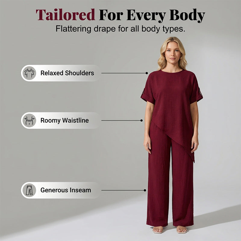 💃Stylischer Hingucker！Set mit asymmetrischem Oberteil + weiter Hose，bequem & figurfreundlich