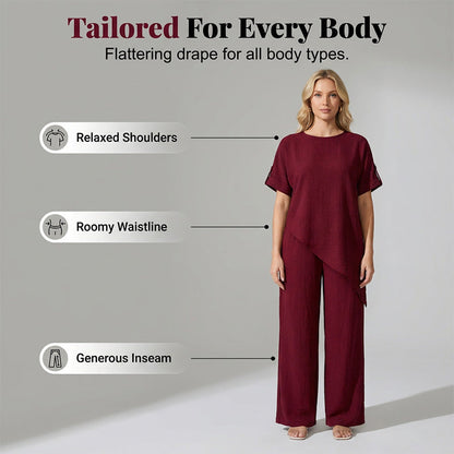 💃Stylischer Hingucker！Set mit asymmetrischem Oberteil + weiter Hose，bequem & figurfreundlich