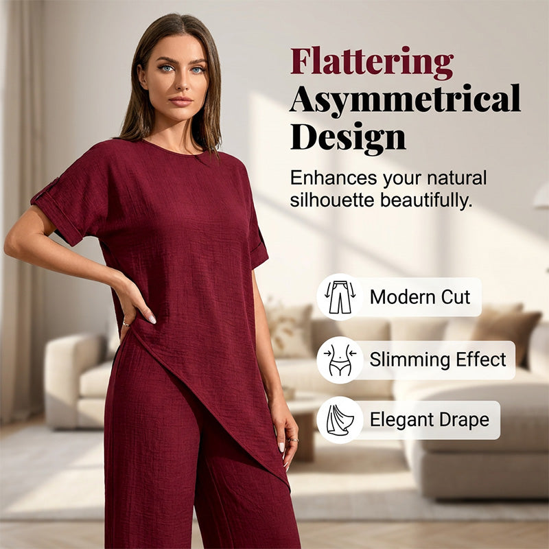 💃Stylischer Hingucker！Set mit asymmetrischem Oberteil + weiter Hose，bequem & figurfreundlich
