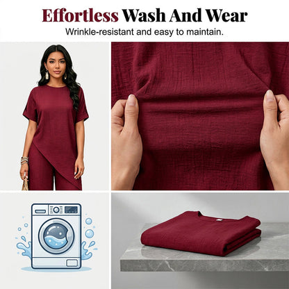 💃Stylischer Hingucker！Set mit asymmetrischem Oberteil + weiter Hose，bequem & figurfreundlich