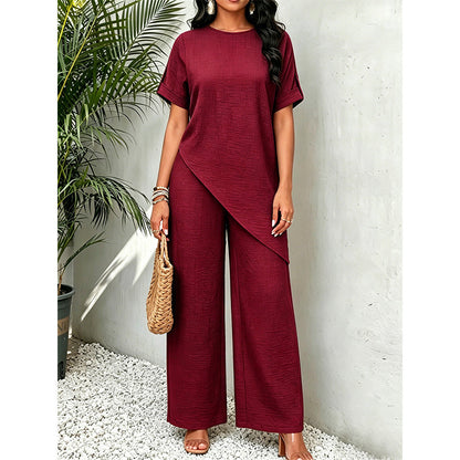 💃Stylischer Hingucker！Set mit asymmetrischem Oberteil + weiter Hose，bequem & figurfreundlich