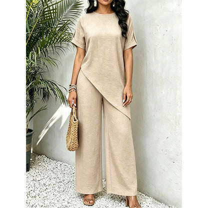 💃Stylischer Hingucker！Set mit asymmetrischem Oberteil + weiter Hose，bequem & figurfreundlich