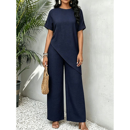 💃Stylischer Hingucker！Set mit asymmetrischem Oberteil + weiter Hose，bequem & figurfreundlich