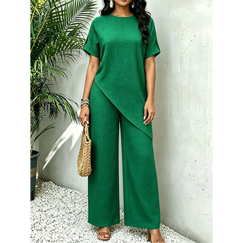 💃Stylischer Hingucker！Set mit asymmetrischem Oberteil + weiter Hose，bequem & figurfreundlich
