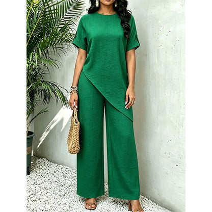 💃Stylischer Hingucker！Set mit asymmetrischem Oberteil + weiter Hose，bequem & figurfreundlich