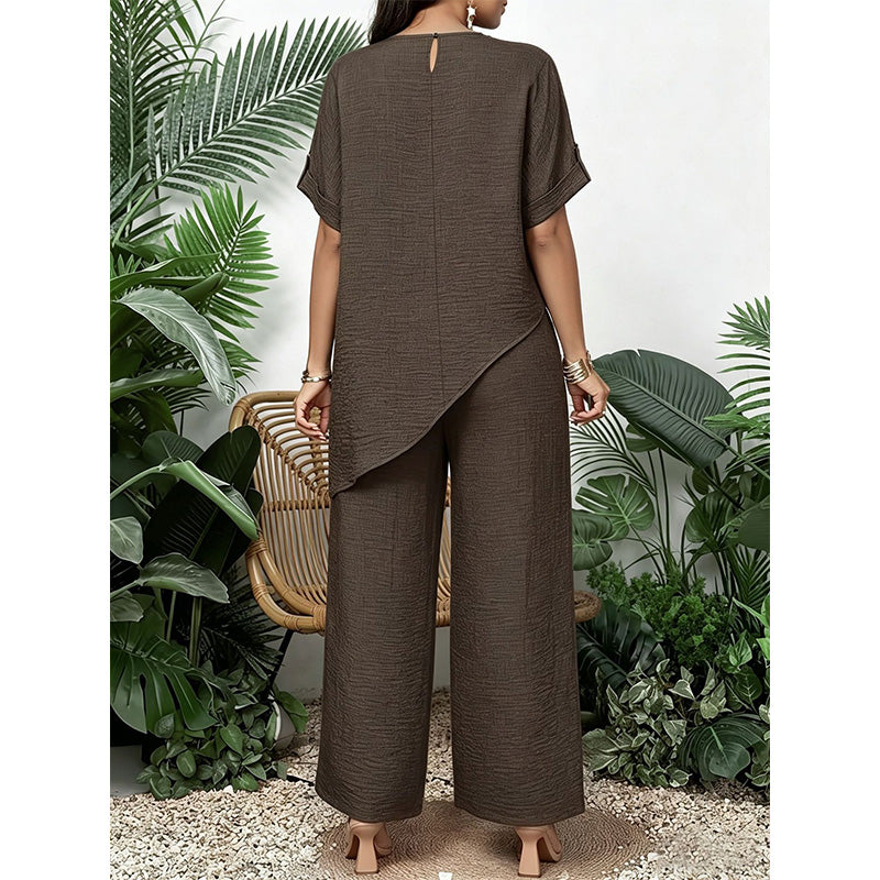 💃Stylischer Hingucker！Set mit asymmetrischem Oberteil + weiter Hose，bequem & figurfreundlich
