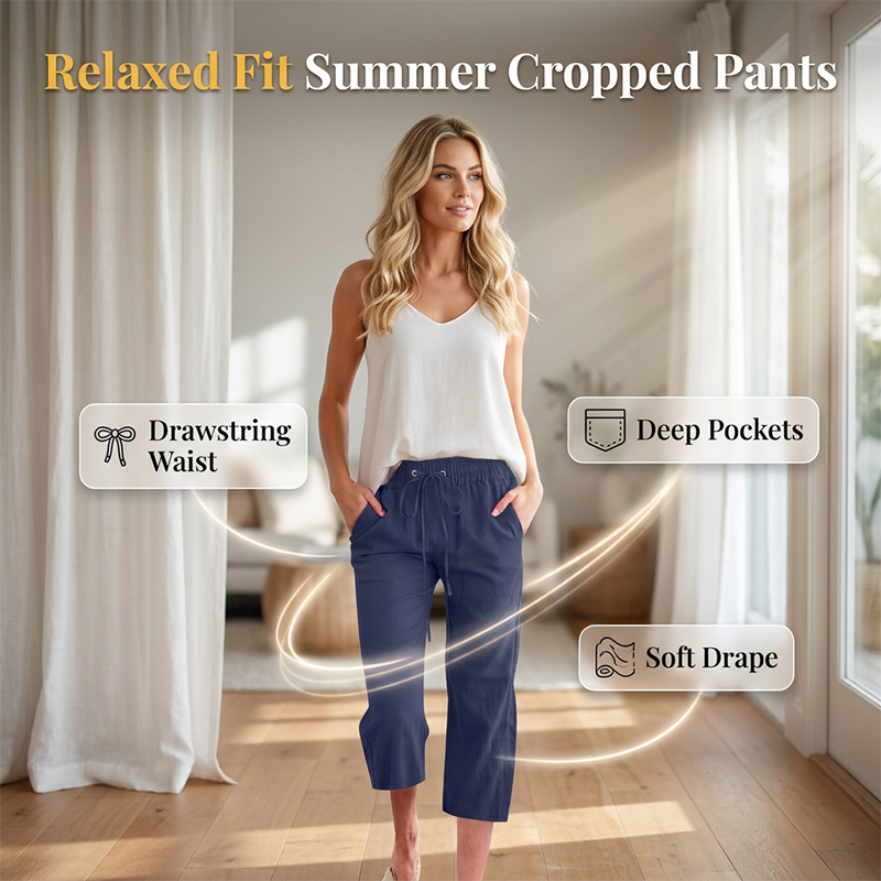 💃 Sommer Caprihose aus Baumwoll-Leinen – Lässig & praktisch mit Taschen