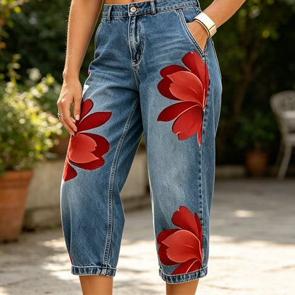 📢📢 Versandkostenfrei!! ⏰ Damen Weite Jeans mit Künstlerischer Blumenapplikation