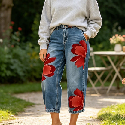 📢📢 Versandkostenfrei!! ⏰ Damen Weite Jeans mit Künstlerischer Blumenapplikation