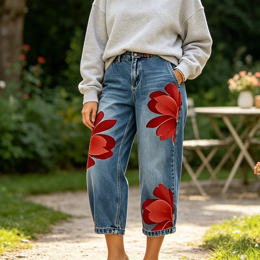 📢📢 Versandkostenfrei!! ⏰ Damen Weite Jeans mit Künstlerischer Blumenapplikation