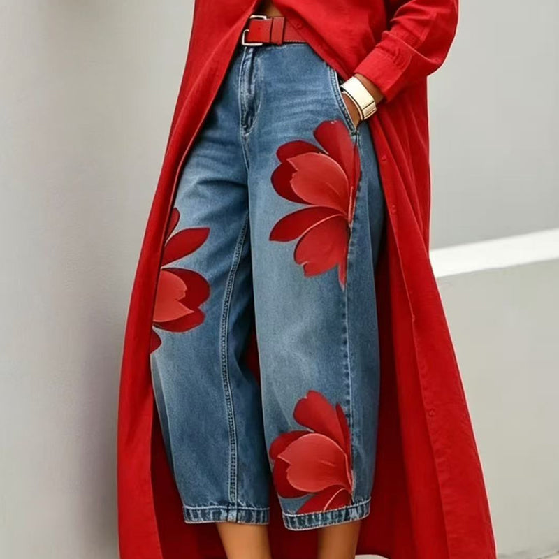 📢📢 Versandkostenfrei!! ⏰ Damen Weite Jeans mit Künstlerischer Blumenapplikation