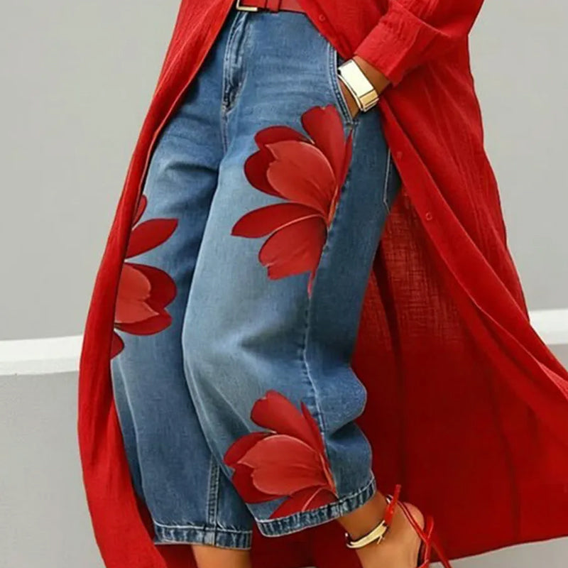 📢📢 Versandkostenfrei!! ⏰ Damen Weite Jeans mit Künstlerischer Blumenapplikation