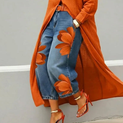 📢📢 Versandkostenfrei!! ⏰ Damen Weite Jeans mit Künstlerischer Blumenapplikation