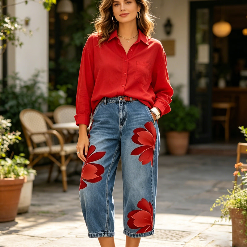 📢📢 Versandkostenfrei!! ⏰ Damen Weite Jeans mit Künstlerischer Blumenapplikation