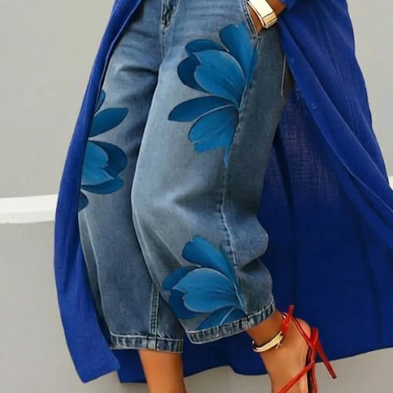📢📢 Versandkostenfrei!! ⏰ Damen Weite Jeans mit Künstlerischer Blumenapplikation