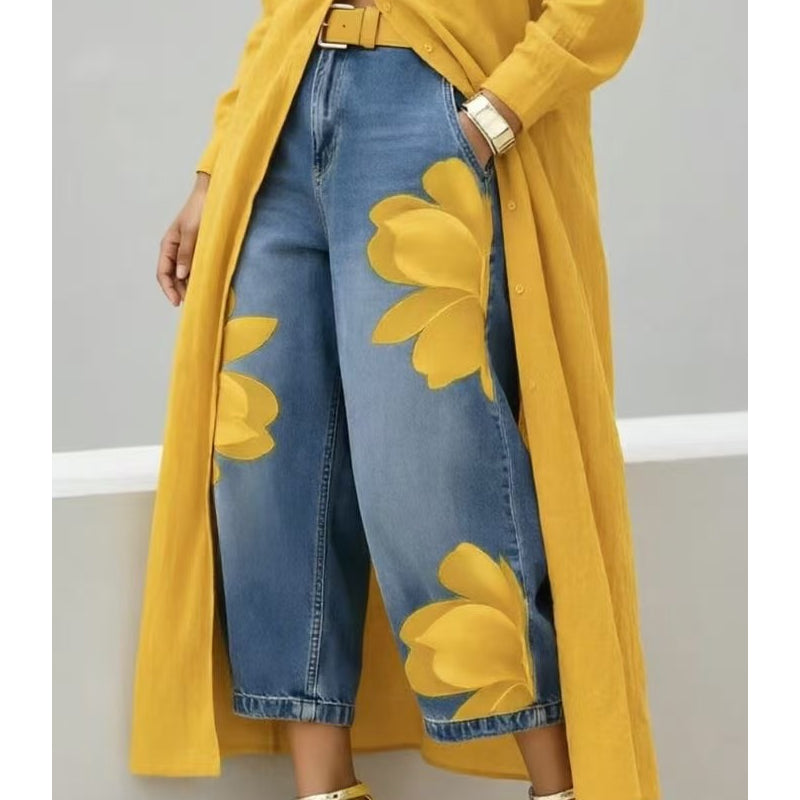 📢📢 Versandkostenfrei!! ⏰ Damen Weite Jeans mit Künstlerischer Blumenapplikation