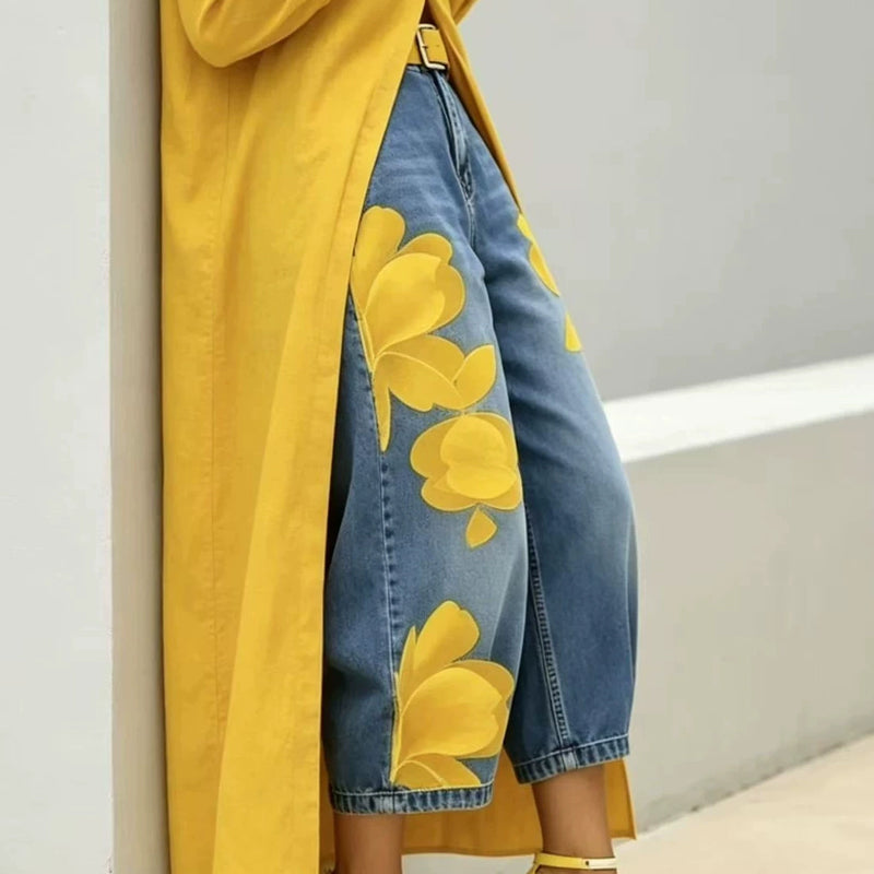 📢📢 Versandkostenfrei!! ⏰ Damen Weite Jeans mit Künstlerischer Blumenapplikation