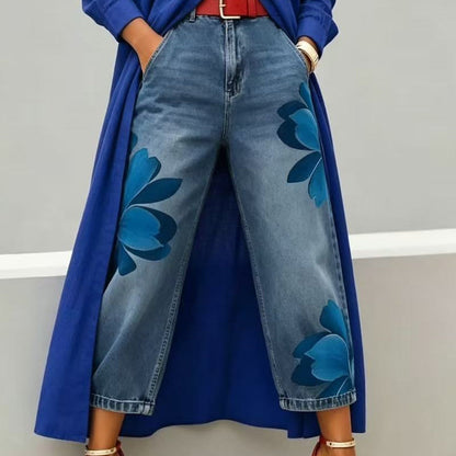 📢📢 Versandkostenfrei!! ⏰ Damen Weite Jeans mit Künstlerischer Blumenapplikation