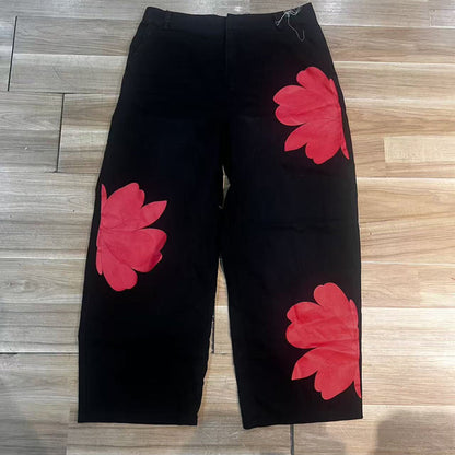 📢📢 Versandkostenfrei!! ⏰ Damen Weite Jeans mit Künstlerischer Blumenapplikation