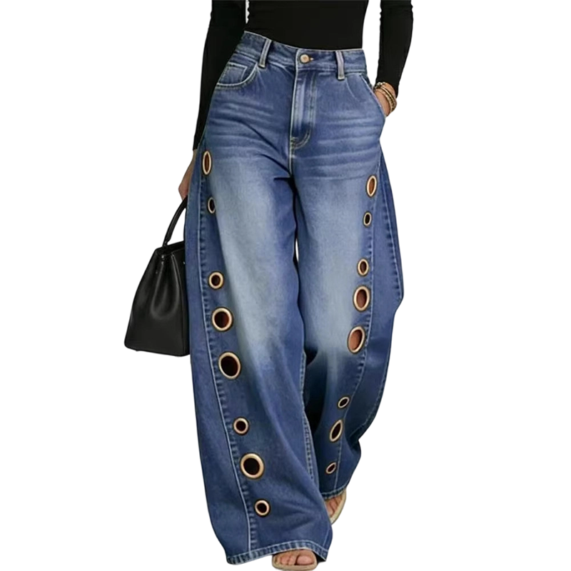 💥 50% RABATT 🔥 Damen Jeans mit weitem Bein & stylischer Ösenverzierung 👖 Trendig, bequem & absolut auffällig ✨