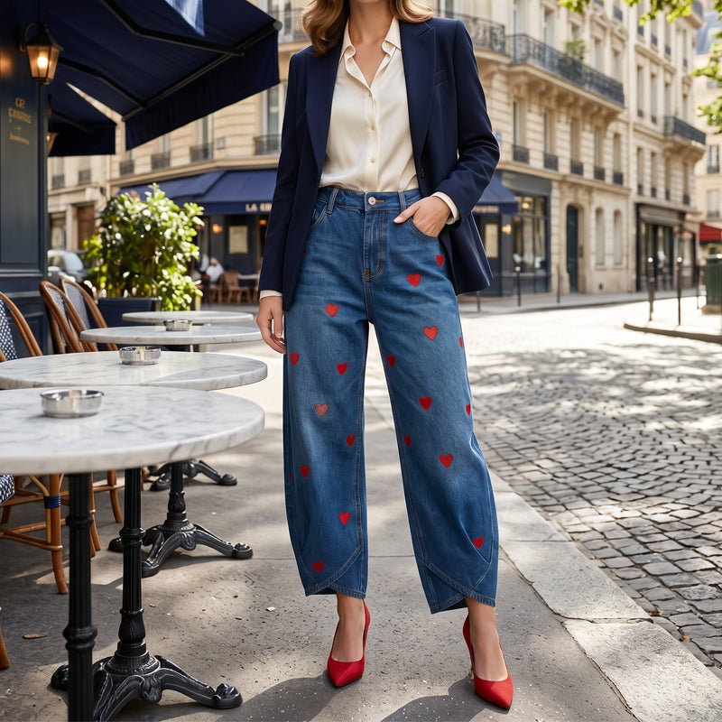 ✨ Lässige Damen-Jeans mit Herzmotiv, weiter Schnitt | Versandfrei💖 Modische Damenjeans mit Herzprint