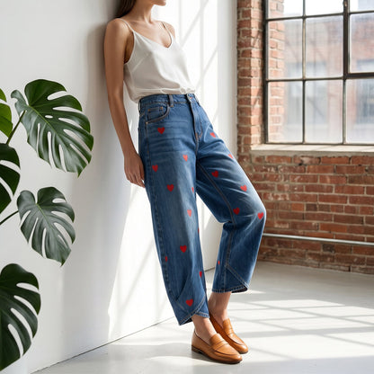 ✨ Lässige Damen-Jeans mit Herzmotiv, weiter Schnitt | Versandfrei💖 Modische Damenjeans mit Herzprint