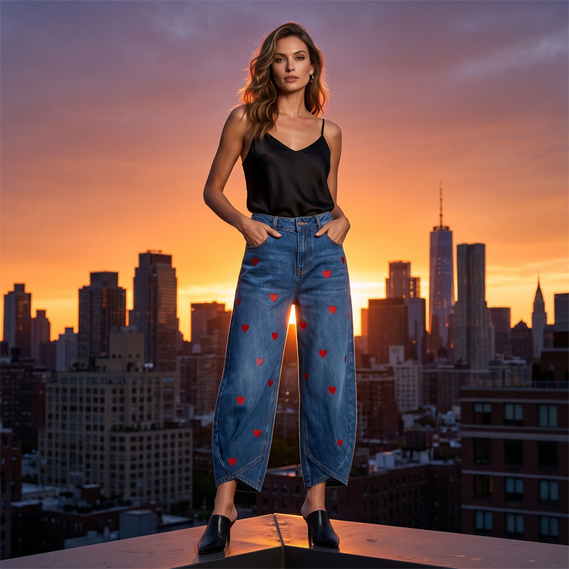 ✨ Lässige Damen-Jeans mit Herzmotiv, weiter Schnitt | Versandfrei💖 Modische Damenjeans mit Herzprint