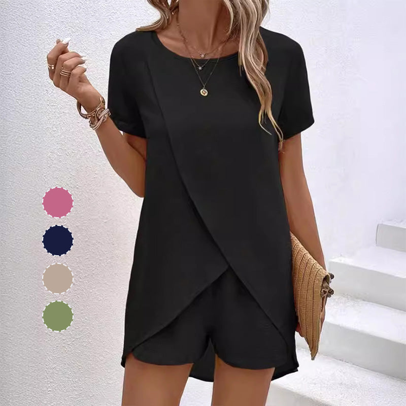 🍂 Einfarbiges Zweiteiler-Set mit asymmetrischem Oberteil & Shorts – Lässig & modern!