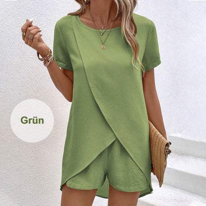 🍂 Einfarbiges Zweiteiler-Set mit asymmetrischem Oberteil & Shorts – Lässig & modern!