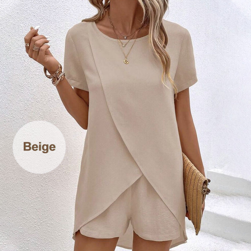 🍂 Einfarbiges Zweiteiler-Set mit asymmetrischem Oberteil & Shorts – Lässig & modern!