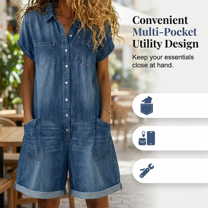 🌺 Damen Freizeit Denim-Overall mit kurzen Ärmeln – lässig, bequem & vielseitig für jeden Tag