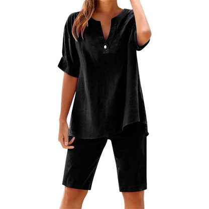 👕🩳 Lässiges Damen-Set: Einfarbiges Kurzarm-Oberteil & Shorts – bequem & luftig