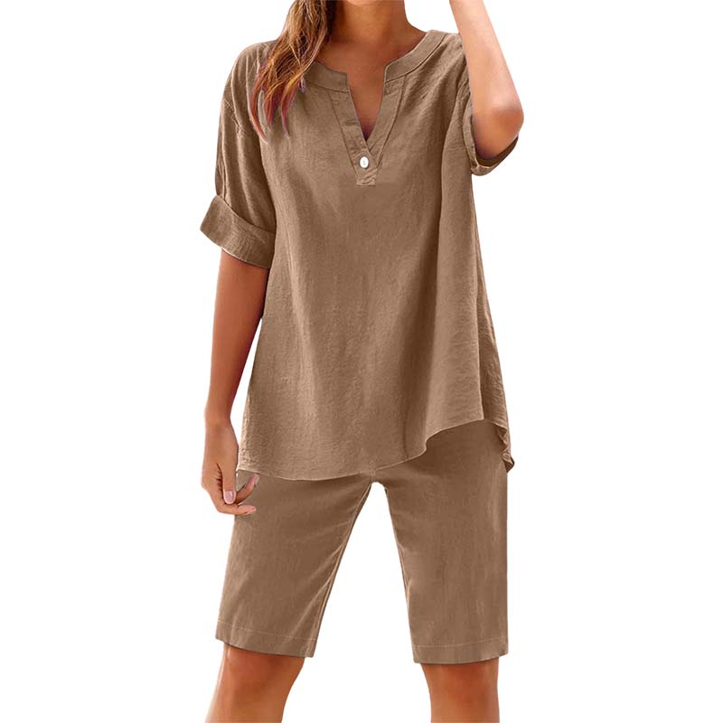 👕🩳 Lässiges Damen-Set: Einfarbiges Kurzarm-Oberteil & Shorts – bequem & luftig